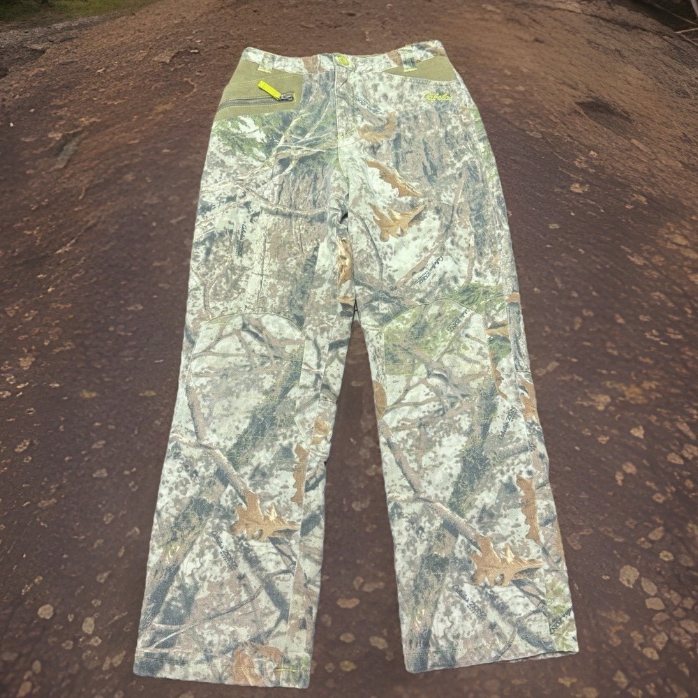 Cabela's Junior Hunting Camo Pants Sz 26X28 Insulated ZONZ Neon‎ Green Zipper
